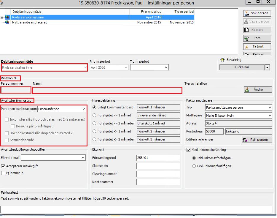 5 (19) Debiteringsområde Vid nytt ärende ligger Nytt ärende ej placerad. Gå in och lägg in rätt debiteringsområde. Fr.o.m. perioden blir automatiskt nästkommande debiterings månad.