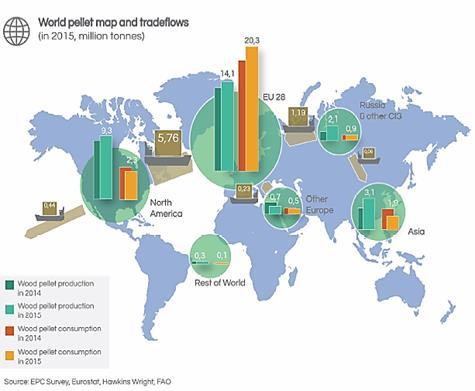 Internationell utblick I AEBIOM Statistical report 2016 redovisas 849 st pelletsfabriker i 53 olika länder runtom i världen, med en produktionskapacitet på 58,4 miljoner ton.