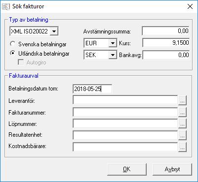 Bokför automatbetalning När du ska bokföra automatbetalning på dina utländska betalningar som du skickat med det nya XML ISO2022-formatet väljer du det som Typ av betalning.