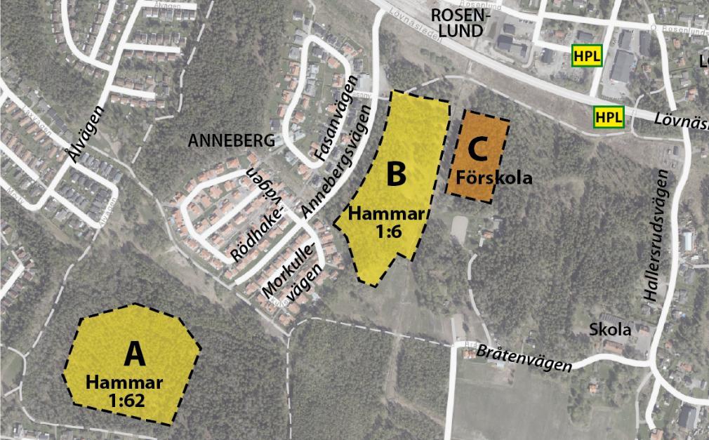 Nya områden för utbyggnad av Anneberg där scenario 1 Mini inkluderar område A (bostäder) och scenario 2 Maxi inkluderar områdena A, B (bostäder) och C (förskola). 3.