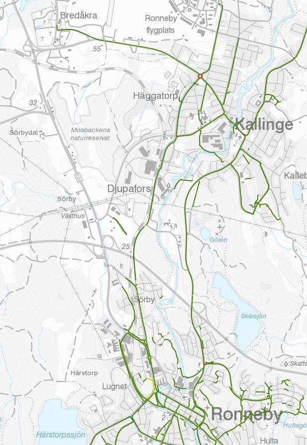 Utredningsområdet Befintligt gång- och cykelvägnät i Ronneby och Kallinge redovisat med grönt. 2.