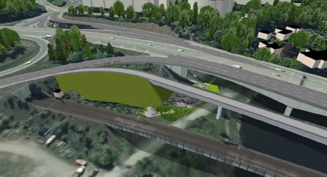Södra brofästet På södra sidan kommer bron gå på bank ut mellan de två befintliga brobankarna. Slänterna planeras här med blandad busk- och trädvegetation av blandade sorter.