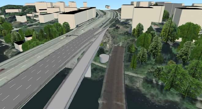 Norra brofästet På norra sidan kommer förslaget innebära att bergsskärning sker in mot Roslagsbanans tunnel.