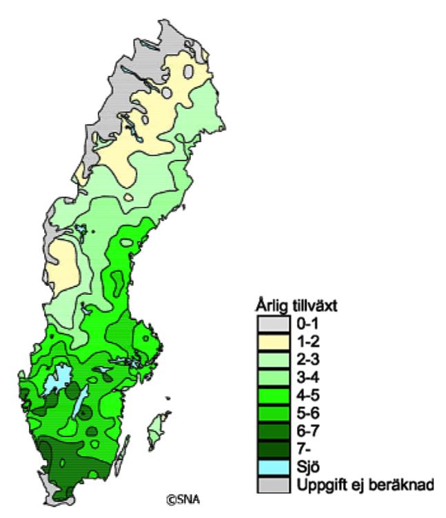 Årlig tillväxt m3sk och år 16 Sverige består av 40,1 miljoner ha mark varav 23,3 miljoner ha består av produktiv skogsmark. Skogsmark är därmed det vanligaste ägoslaget i Sverige.
