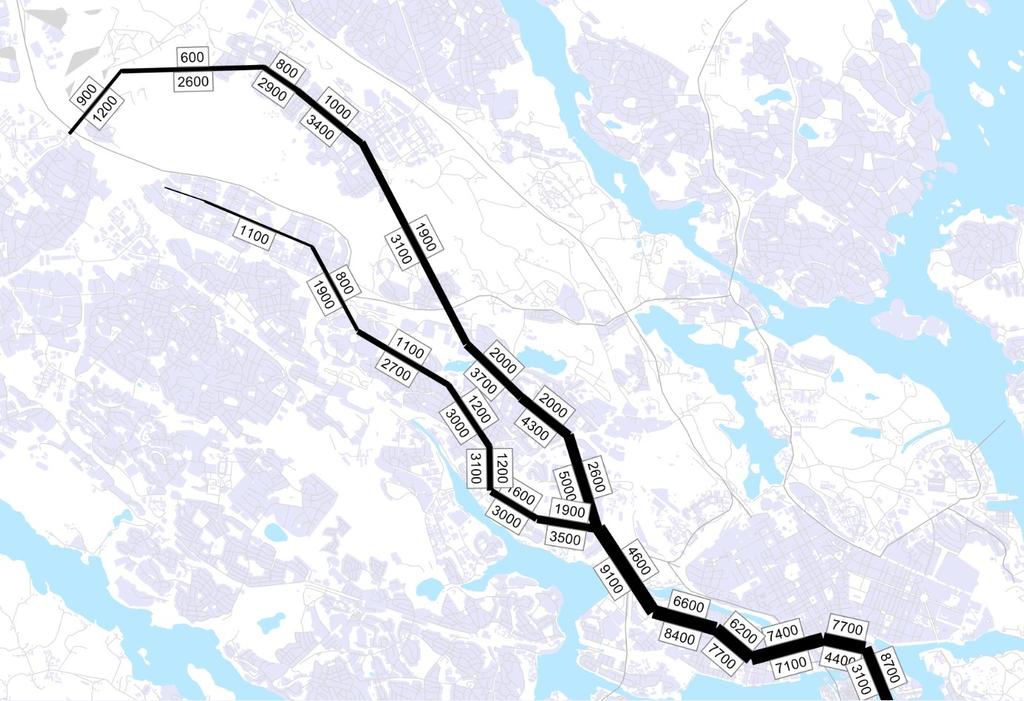 Framtida resande med tunnelbana Det totala resandet med kollektivtrafik väntas öka i hela Stockholms län fram till år 2030 och i influensområdet för den nya tunnelbanan är ökningen större än övriga