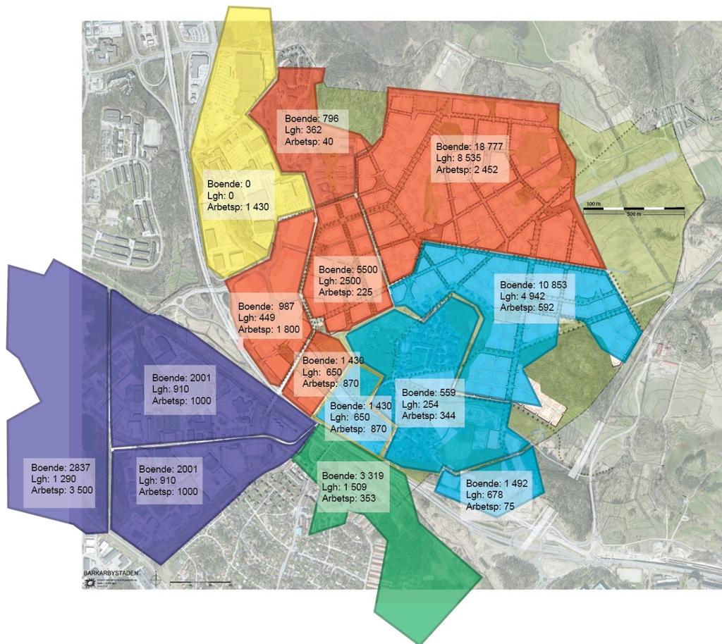 Järfälla kommuns prognostiserade markanvändning, se Figur 2, har hämtats från rapporten Barkarbystaden Trafikanalys 2030, 2015-05-21 som sedan i samråd med Järfälla kommun justerats på grund av