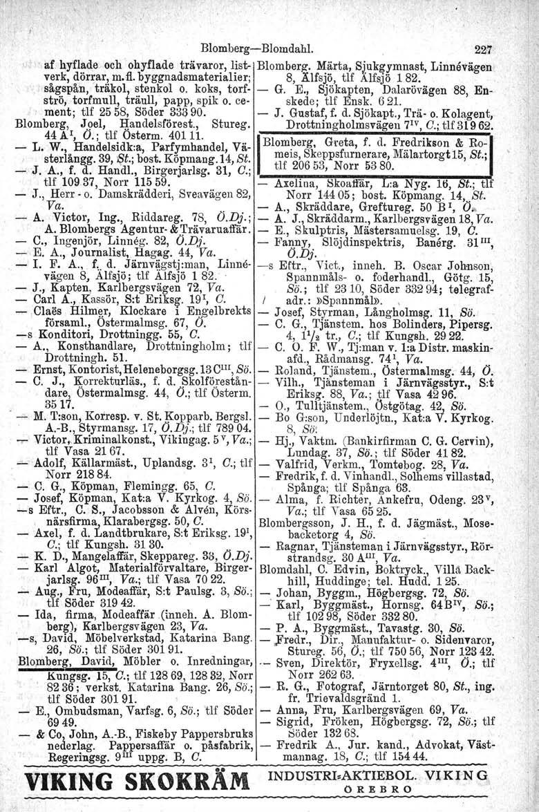 BlombergBlomdahl. 227 'af hyflade och ohyflade trävaror, list Blomberg, Märta, Sjukgymnast, Linnevägen verk, dörrar, m.fl. byggnadsmaterialier; 8, Älfsjö, tlf Alfsjö 182. sågspån, träkol, stenkol o.