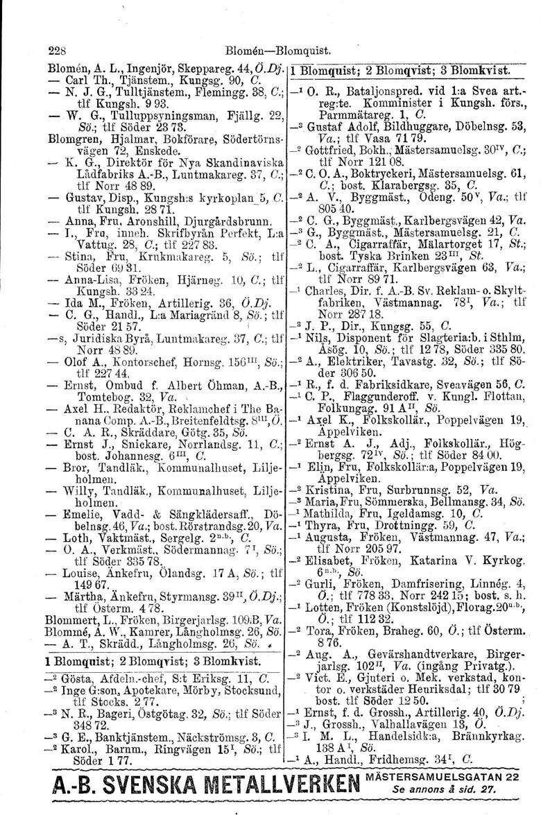 228 BlomencBlomquist, Blomen, A. L., Ingenjör, Skeppareg. 44, O.Dj. l BIomquist 2Blomqvist 3 Blomkvist. Carl Th., Tjänstem., Kungsg. 90, C. ', N. J. G., Tulltjänstem., Flemingg. 38, C.; ' Q. R.