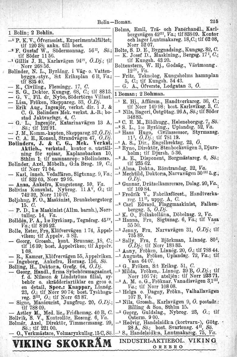 Bolin Boman. 23'6 1 Bolin; 2 Bo1llin. ~ Bolms, Emil, Trä och Fanerhandl., Karl bergsvägen då'", Va.; tlf83809. Kontor _1 P. 'KoV., Öfverassist., Experimentalfältet; och lager Luntmakareg. 18,G.