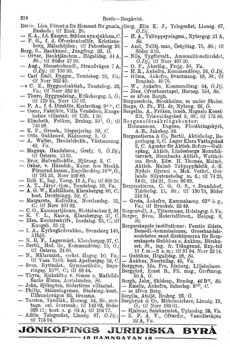 238 BoninBorgkvist. Boren. Lisa, Förest.a för Hemmet for gamla, Borg, Elin K. J., Telegrafist, Linneg. 67, Enskede ; tlf Ensk. 28. O.D}. K.A., f.d. Kamrer, Sthlms nya sjukhem, C. H. A.