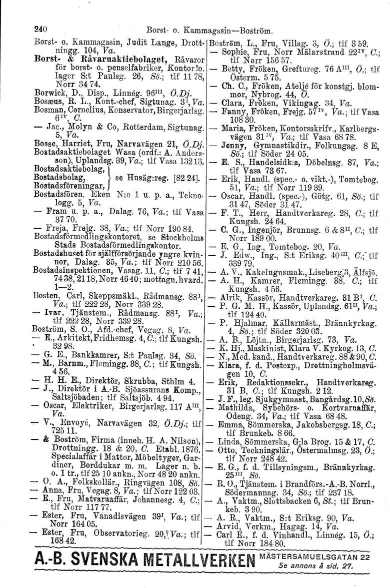 240 Borst o. Kammagasin Boström. Borst o. Kammagasin, Judit Lange, Drott Boström, L., Fru, Villag. 3, O.; tlf 359. ningg. 104, Va.