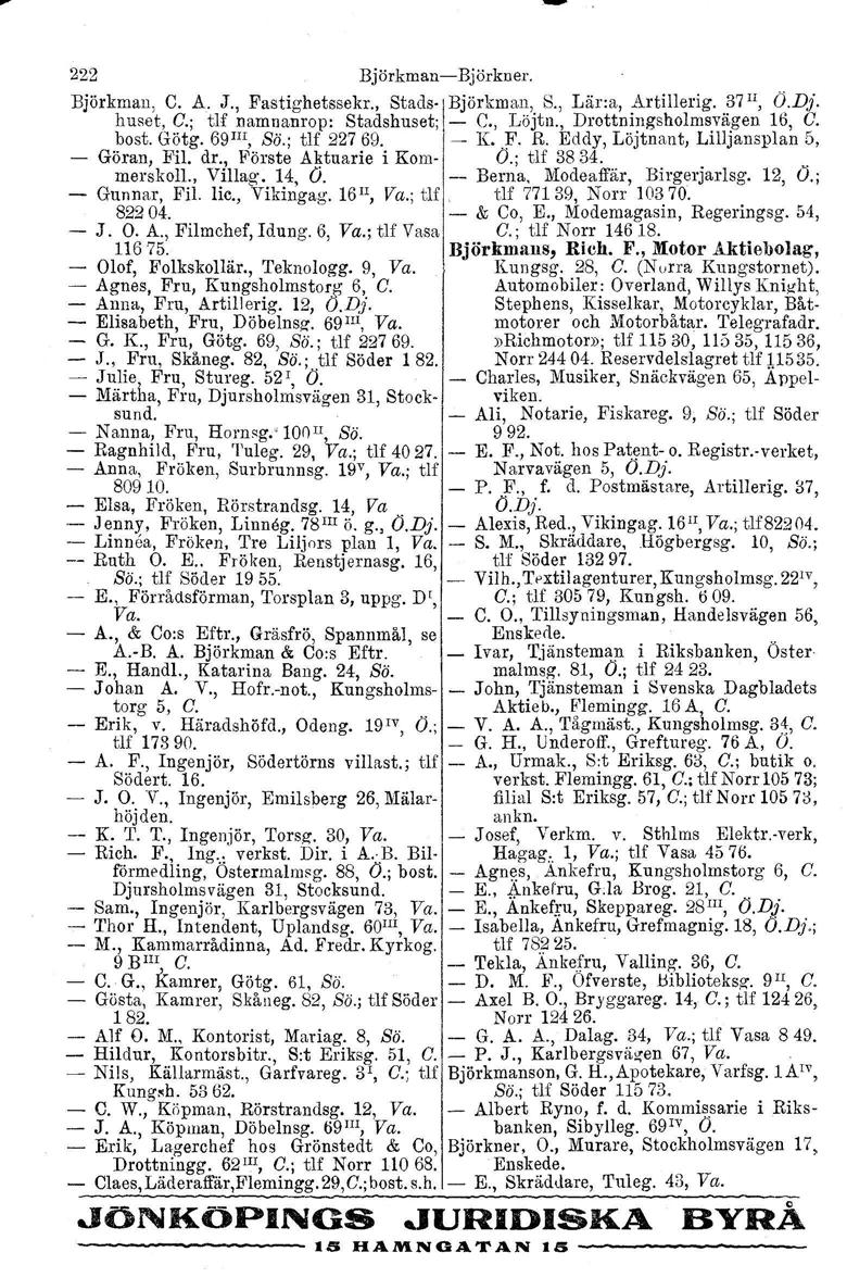 222 Björkrnan Björkner. Björkman, C. A. J., Fastighetssekr., Stads Björkman, S., Lär:a, Artillerig. 37", O.D}. huset, C.; tlf namnanrop: Stadshuset; C., Löjtu., Drottningsholmsvägen 16, C. bost. Götg.
