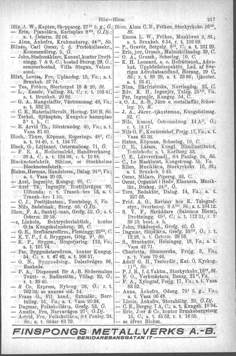 . I, Blix-Blom. '217 Blix,.~. W.,.Kap~~~, Skeppareg. 27~~ Ö. g.; 9:1' Blom, Alma C. B, Fröken, Storkyrkobr. 16 1v, - Enn, Pianolär.a, Karlaplan 8, O.Dj., St. a. t. 9sterm. 3206. i - Emma L. W., Fröken, Munkbron 2,'St.