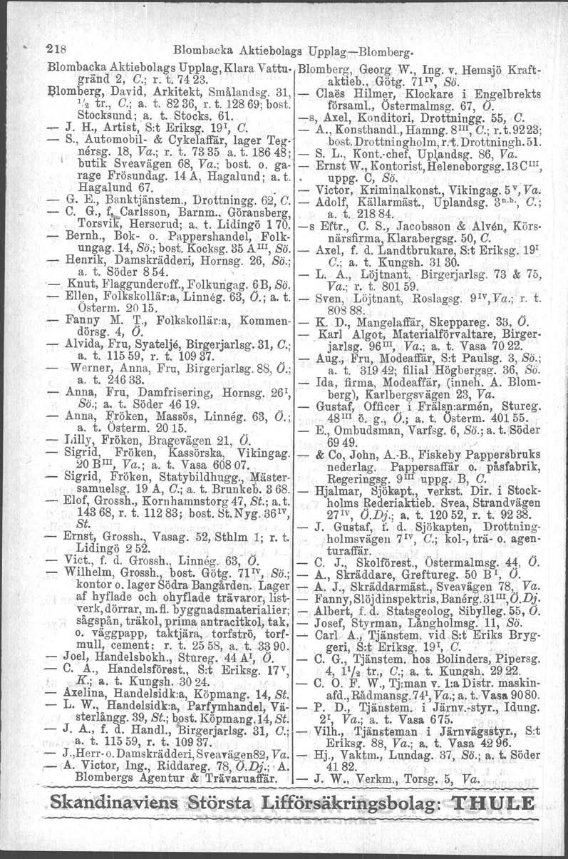 218 Blombacka Aktiebolags Upplag-Blomberg. Blombacka Aktiebolags Upplag, Klara vattu.! Blomber&" Geor~ W., ~~g. v: Hemsjö Kraftgrand 2, C.; r. t. 7423. aktieb., Gotg. 71, So.