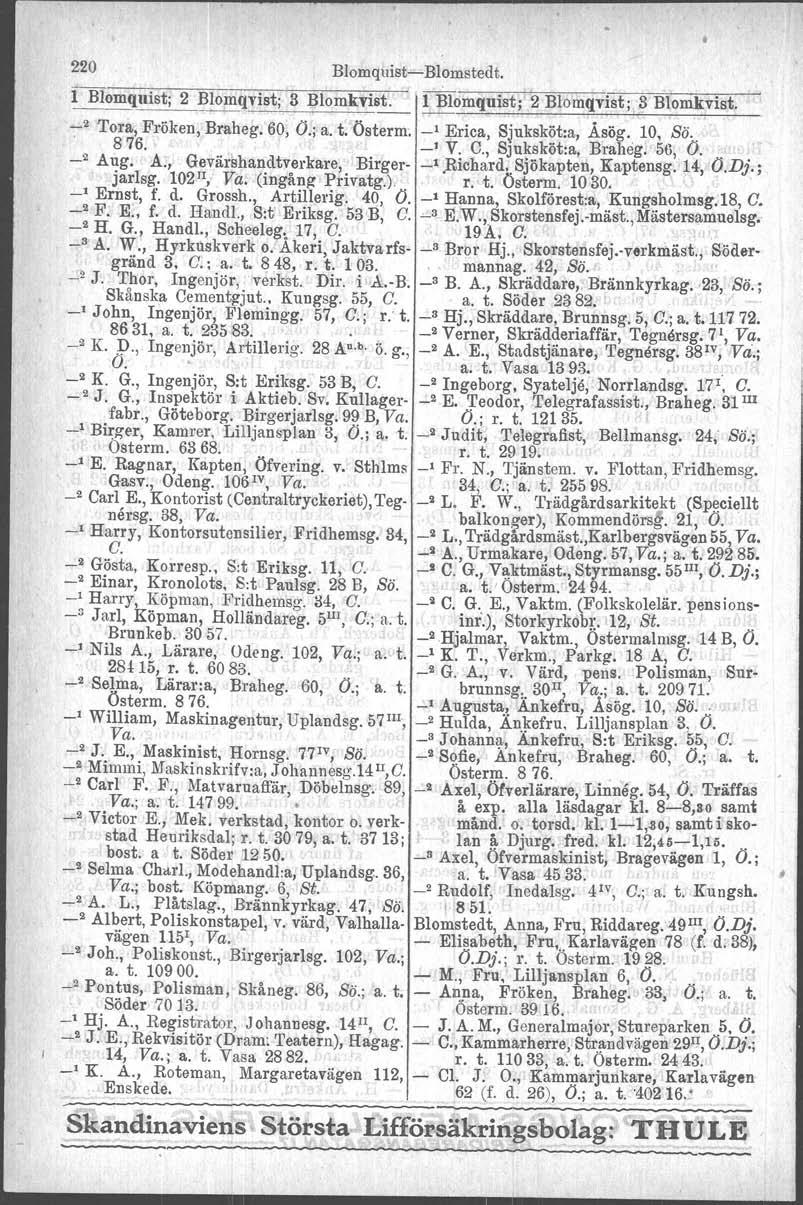 220 B1omquist-B1omstedt. l B1omqllist; 2!310mqvist; 3.aIomkvist. 1 Blomqllist; 2 Blomqvist; 3 Blomkvist. -:-2 Tora, Fröken, Braheg, 60, Ö.; a. t. Österm. _, Erica, Sjuksköt:a, Åsåg. 10, Sö.. 876.