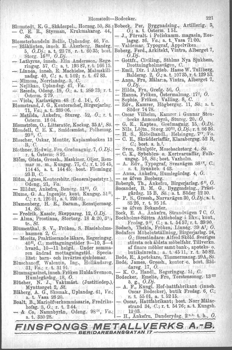 ", Blomstedt-Bodecker. 221 Blomstedt, K. G., Skådespel., Hornsg. 50, Sä. Bobeck, Per, p'yggnadsing." Artillerig. 3, - e. E. R., Styrman, Krukmakareg, 44, O.; a. t. Osterm. '151. Sö. -,.., J., Förvalt.