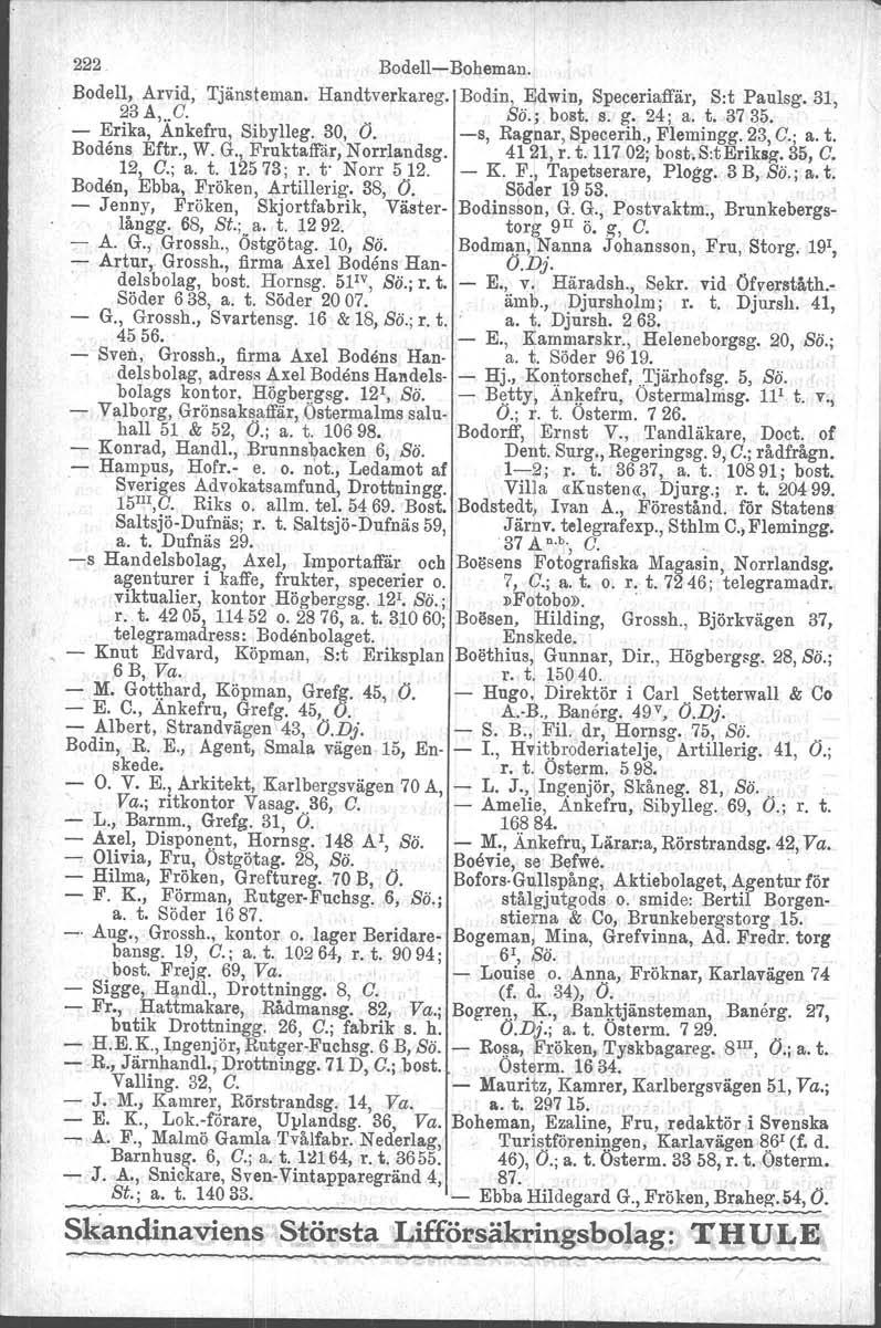 222 Bodell-Boheman. Boden, Arvid, Tjänsteman. Handtverkareg. Bodin, Edwin, Speceriaffär, S:t Paulsg. 31, 23 A,..G.. Sö.; bost. s. g. 24; a. t. 3735. - Erika, Ankefru, Sibylleg. 30, O.