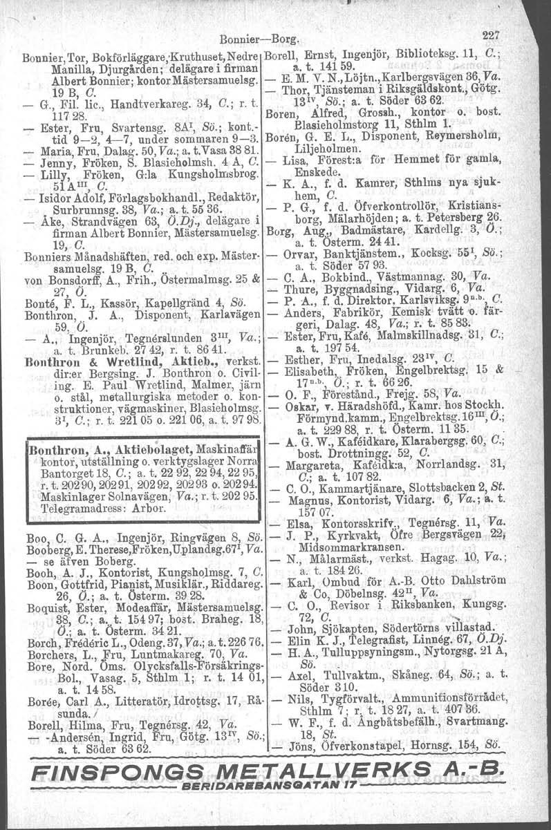 Bonnier-Borg. 227 Bonnier, Tor, Bokförläggare;Kruthuset, Nedre Borell, Ernst, Ingenjör, Biblioteksg. 11, G.; Manilla, Djurgården; delägare i firman a. t. 14159.. Mbert Bonnier; kontor Mästersamuelsg.