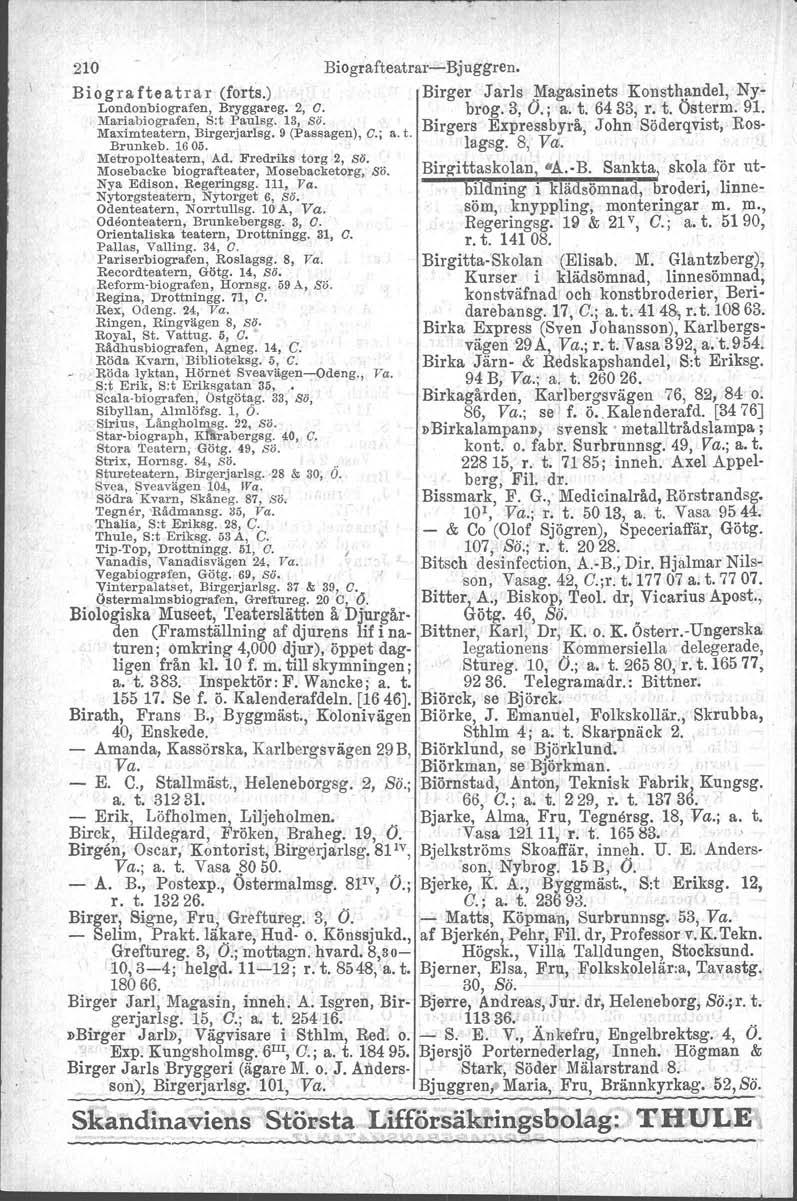210 Biograf teatrar-bjuggren. Biograf teatrar (forts.) Birger Jarls ~agasinets Konsthandel, Ny- Londonbiografen, Bryggareg. 2, a. brog. 3, O.; a. t. 6433, r. t. Österm. 9l. Mariabiografe.n, s.