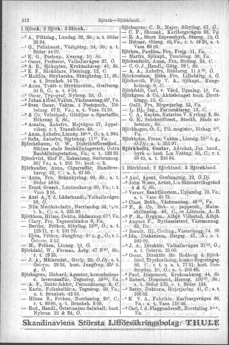 212 Björck-Björklund. 1 Björck; 2 Björk: 3 Biörek, Björkegren; C. B., Major, Sibylleg. 67, O.. ~ C. F., Skomak., Karlbergsvägen 68, V~ _1 A., Plåtslag., Lundag, 33, Sii.; a. t. Söder - E. A., Sture Expressbyrå, Stureg.