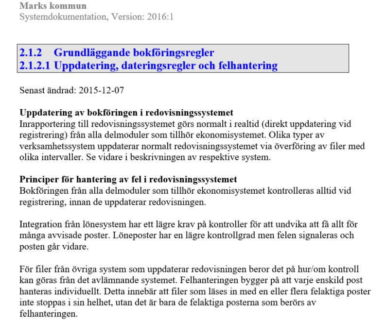 Bilaga 5. Exempel: På beskrivning av hantering av fel i dokumentationen.