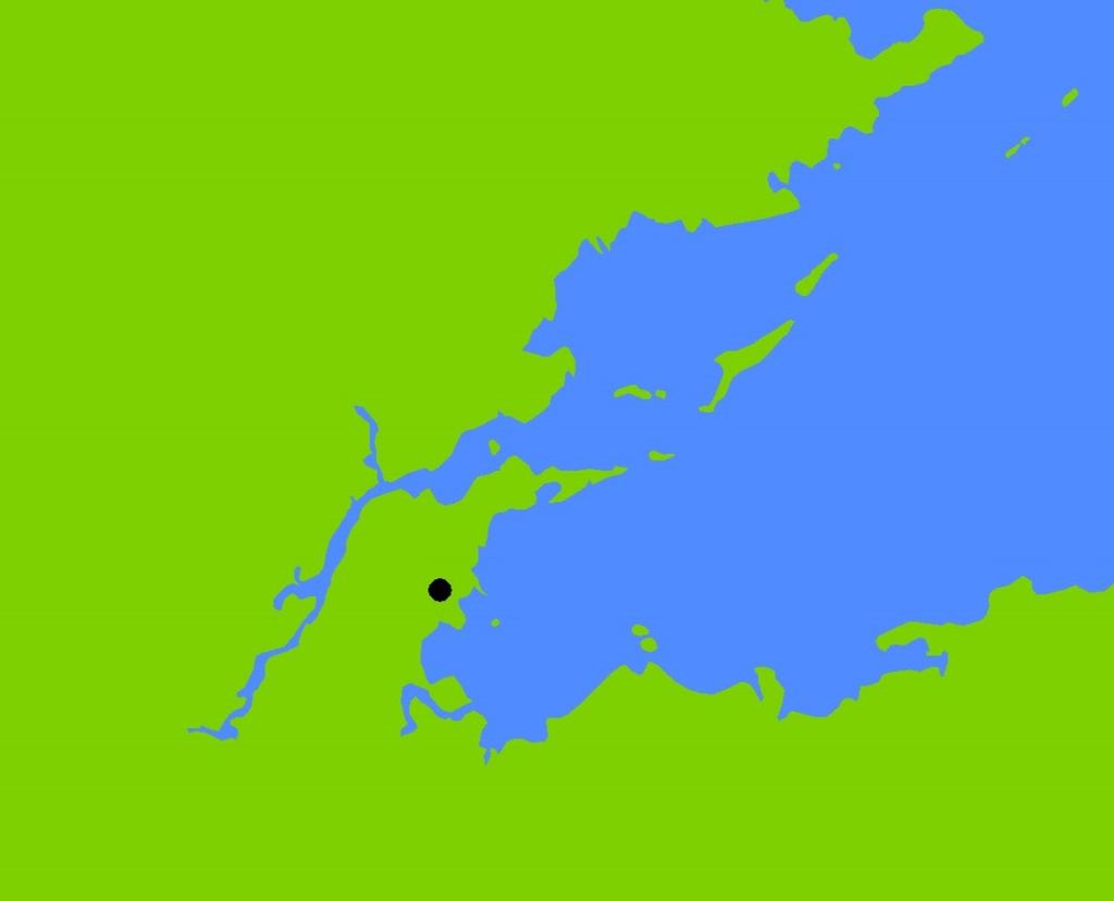 Figur 3. Den svarta punkten markerar Nyboboplatsen i den dåtida skärdården. Kustlinjen motsvarar 40 meter över havet.