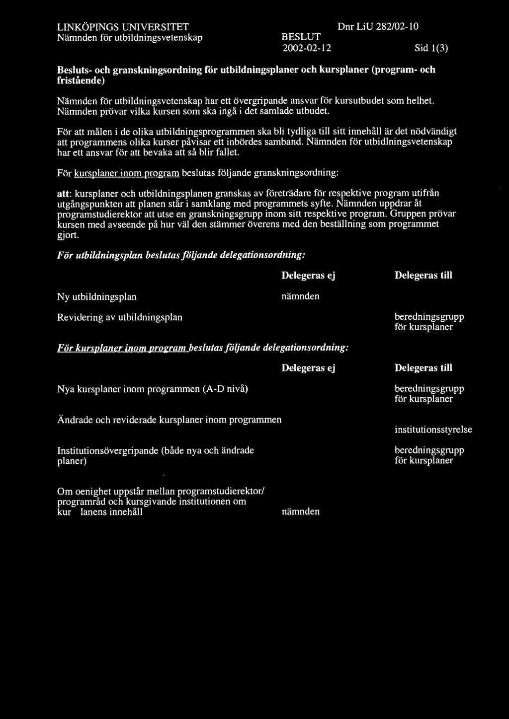 2002-02-12 Sid 1(3) Besluts- och granskningsordning för utbildningsplaner och kursplaner (program- och fristående) har ett övergripande ansvar för kursutbudet som helhet.