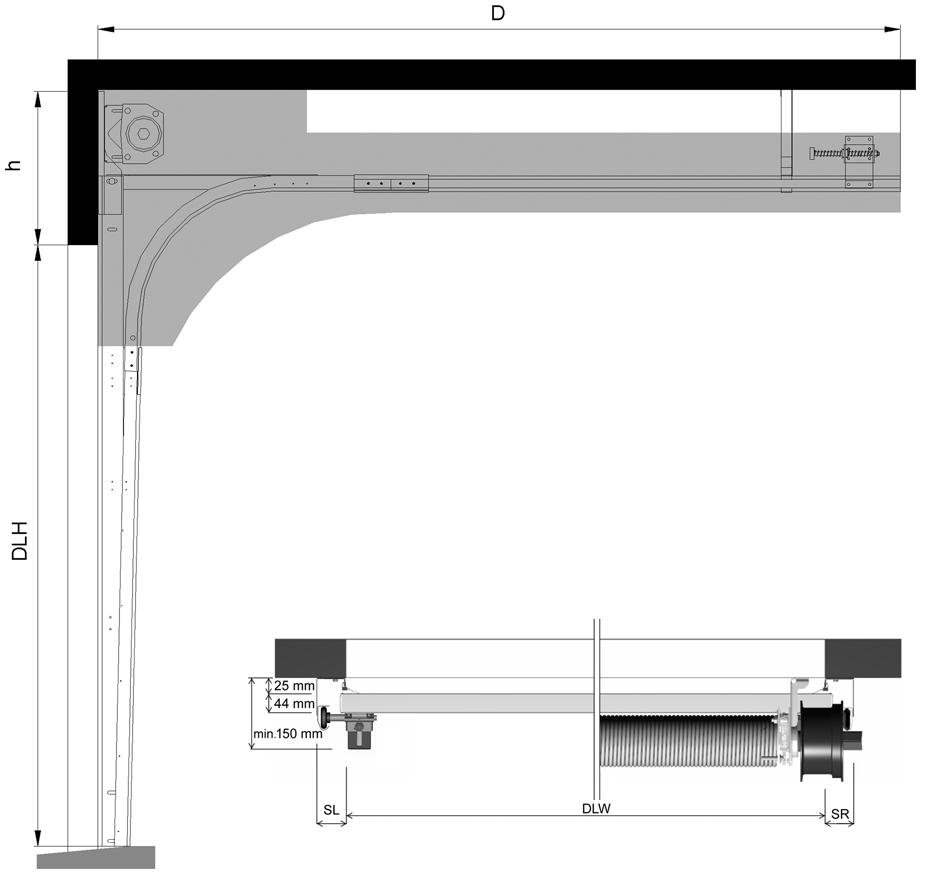 5.2.1 Erfoderligt utrymme SL h SL/SR D Sido- och toppvy 485 mm (DLH 4500 mm) 510 mm (DLH > 4500 mm) 575 mm (med central motor) 132 mm manuellt, 212 mm D / T-spel, 278 mm