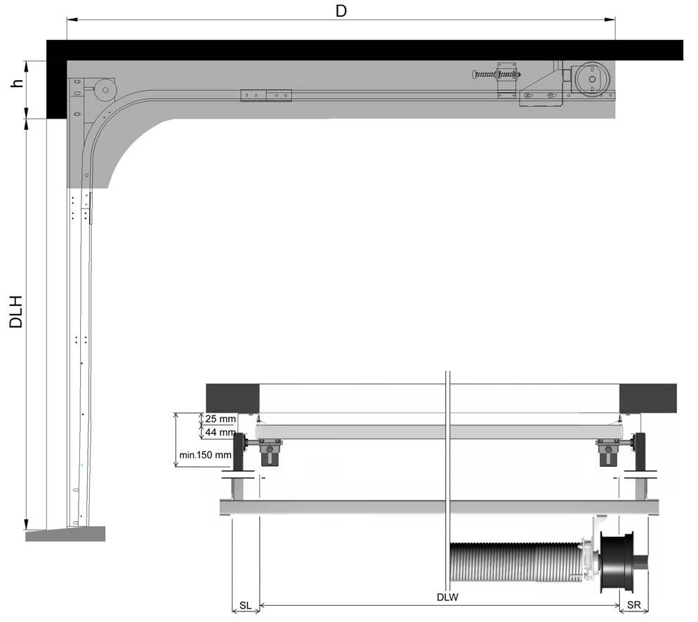 5.2.4 Erfoderligt utrymme LL h SL/SR D 265 mm ( 250 kg utan gångdörr) 300 mm (> 250 kg eller gångdörr) 132 mm manuellt, 228 mm D / T-spel, 278 mm U-spel, 304 mm Motor, 344 mm Motor+Spel