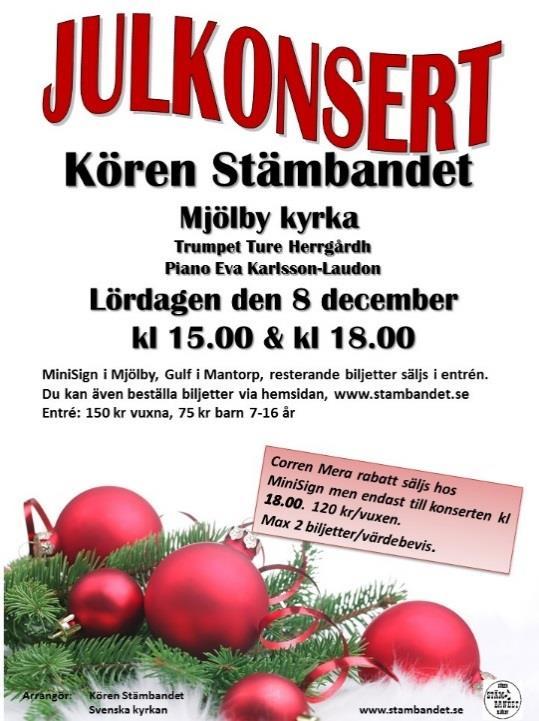 00 Var med sjung lyssna på gamla ( nyare) advents- julsångerna, ge en slant till det viktiga diakoniarbetet i Mjölby! Körer från Mjölby Väderstad Mjölby Musiksällskap Varmt välkommen!