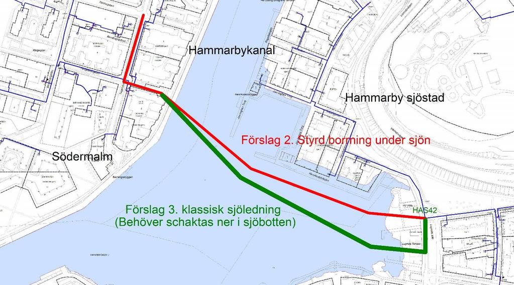 Förstudie 2 & 3. Bild 3, Sjöledning. Både förstudie 2 och 3 utgick från förstudie 1. Dock krävdes en längre markförlagd ledningssträcka (ca.