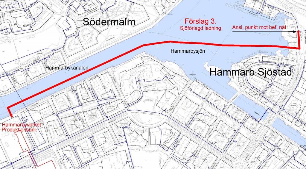 Förstudie 4. Bild 4. FV såg också över förslaget med en parallell sjöledning i Hammarbykanalen, från Hammarbyverket till Hammarby Sjöstad enl. ovanstående bild 4.