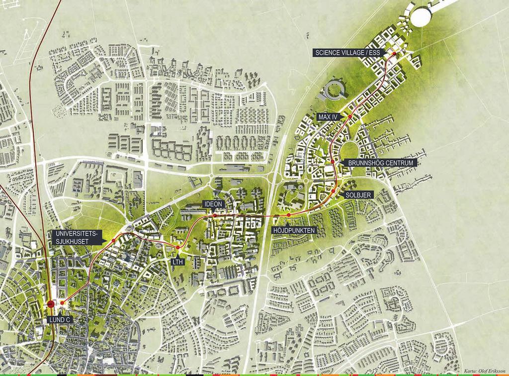 Karta över den framtida spårvägen av Olof Eriksson, Lunds kommun.