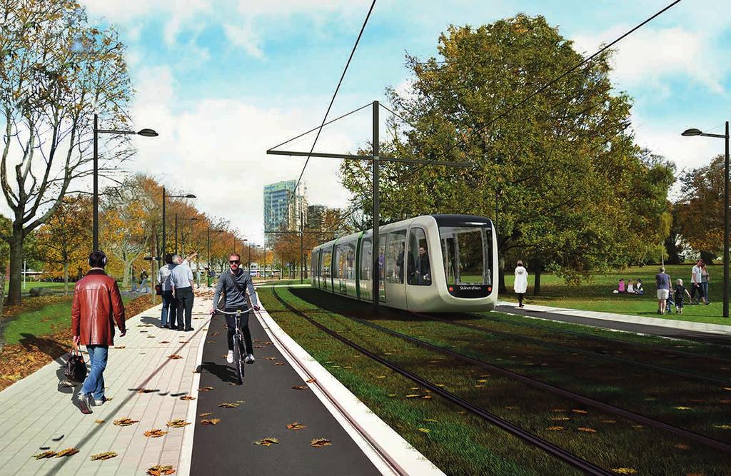 Visionsbild över LTH-parken. Lunds kommun och Metro arkitekter. ENERGISNÅL SPÅRVÄG KÖRS PÅ GRÖN EL Spårområdet kommer huvudsakligen att utföras i gräs.