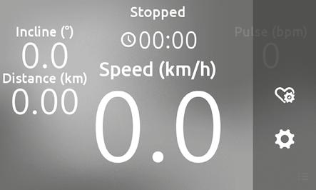 Monark novo Display Unit Displayen visar: Aktuell hastighet i km/h Löpbandets lutning i grader Lutning Tid Puls Distans i km Tid i minuter och sekunder Puls (om pulsbälte används) Sträcka Fig: