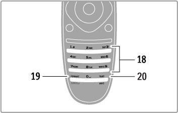 14 Röd knapp Öppna interaktiva TV-tjänster eller välj en text-tv-sida. 15 Grön knapp Öppna miljöinställningarna eller välj en text-tv-sida. 16 Gul knapp Välj en text-tv-sida.