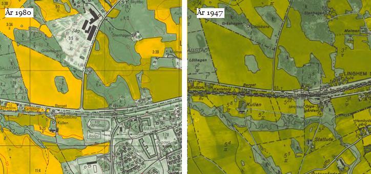 2.2. Historiska bilder Historisk karta från 1947 (höger bild i Figur 4) visar att inventeringsområdet mest utgjordes av jordbruksmark, men idrottsplatsen i öster fanns även då.