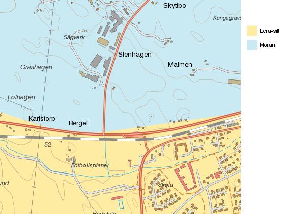 2.3. Geologi och hydrologi Den naturliga jordarten inom norra delen av inventeringsområdet består av morän (blå färg i Figur 5) och den naturliga jordarten i södra delen består av lera-silt (gulaktig