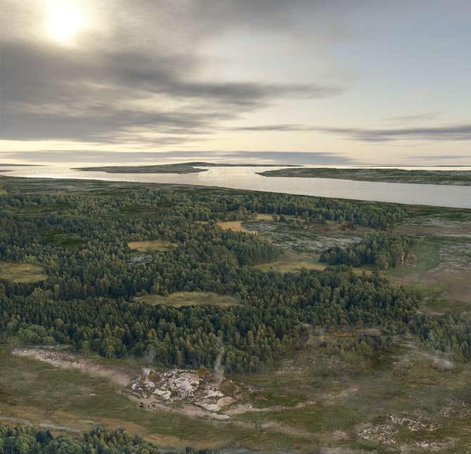 Figur 22:5a-b. a) Rekonstruktion av de centrala delarna av undersökningsområdet och omgivande landskap under den första hälften av övergripande fas D, 700-650 f. Kr.