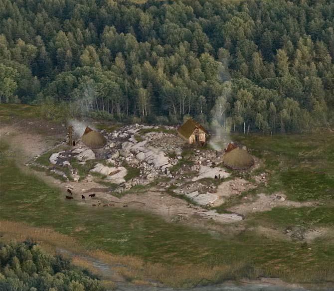 Strax sydväst om den röseliknande stensättningen A211 uppför man samtidigt ett megaronliknande kulthus/dödshus, hus F (se kap. 7).