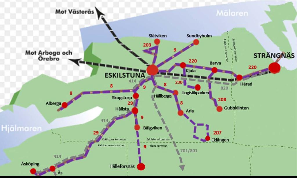 Nuvarande kollektivtrafik och resande i Norra Sörmland Nuvarande trafik och resande Regional kollektivtrafik Linjetrafiken i området utgörs av stadstrafik och strafik omfattande kommun samt