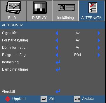 Kontroller för användaren ALTERNATIV Signallås På: Projektorn söker efter specificerad anslutningsport. Av: Projektorn söker efter andra signaler om den aktuella ingångssignalen tappas bort.