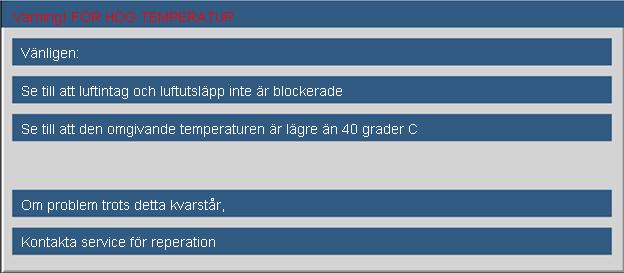 Tillägg Meddelanden på skärmen Temperaturvarning: Fel på fläkten: Lampvarning: Utanför displaygräns: Fjärrkontrollsproblem