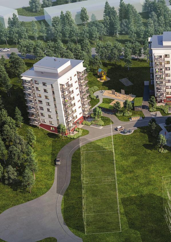 Hus 2 Hus 3 Lekplats med rutschkana, sand- och klätterlek med hus, gungdjur, småbarnsgungor och
