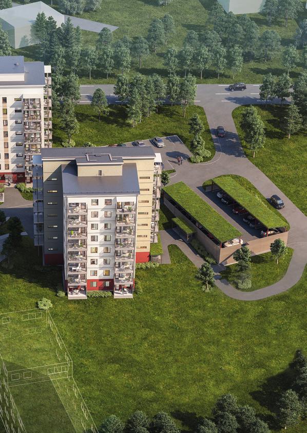 Hus 1 Totalt finns 30 carports, 17 parkeringar med motorvärmaruttag, samt 8 parkeringar för