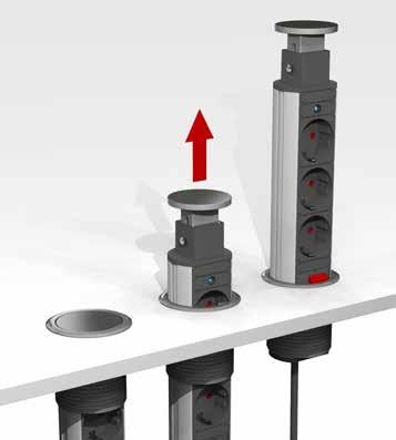 Lätt att dölja tack vare pelarens små dimensioner (60 mm). Pop- Up design; tryck ner pelarlocket och pelaren poppar upp. Effektfullt till konferensbordet eller hotellrummet.