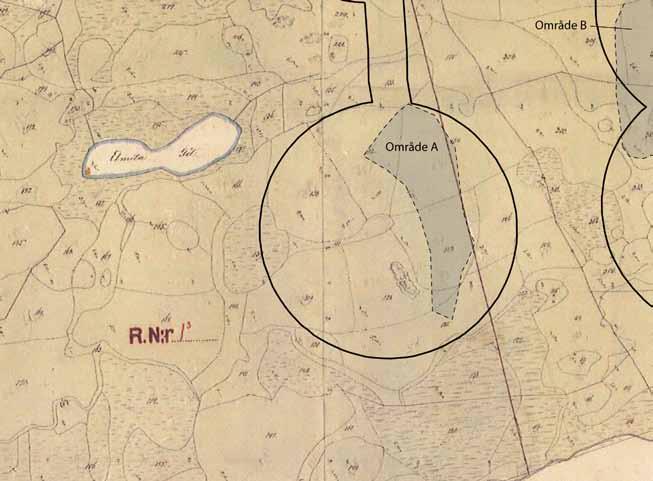 Figur 3. Utsnitt av laga skifteskartan över Käshult 1852 med området för vindkraft 6 samt område A markerat. Ortnamn Käshults första skriftliga belägg är från 1688 då namnet skrevs Kiäshult.