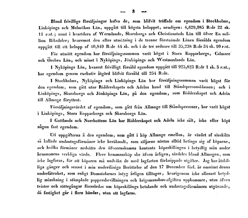8 Bland frivillige försäljningar hafva de, som blifvit träffade om egendom i Stockholms, Linköpings och Malmöhus Län, uppgått till högsta beloppet, nemligen: 4,629,985 R:dr 22 sk. 11 r:st.