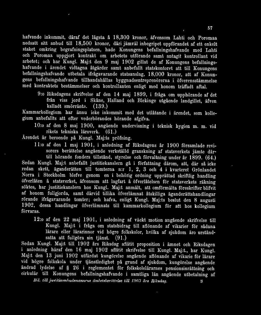Maj:t den 9 maj 1902 gillat de af Konungens befallningshafvande i ärendet vidtagna åtgärder samt anbefallt statskontoret att till Konungens befallningshafvande utbetala ifrågavarande statsanslag,