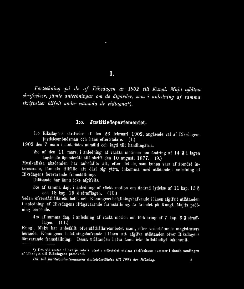 ) 1902 den 7 mars i statsrådet anmäld och lagd till handlingarna. 2:o af den 11 mars, i anledning af väckta motioner om ändring af 14 i lagen angående äganderätt till skrift den 10 augusti 1877. (9.